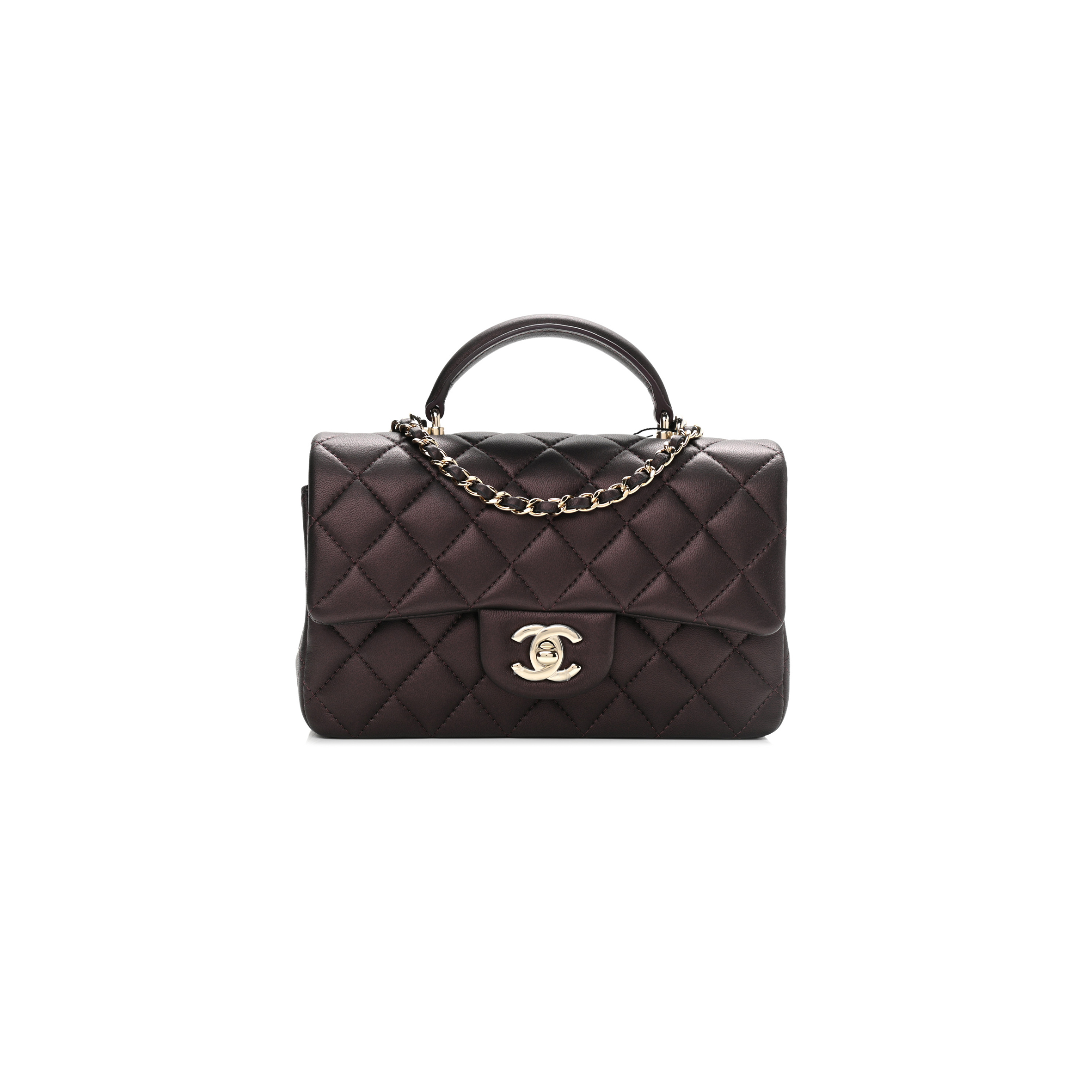 Ch*el lambskin quilted mini top handle rectangular flap light gold burgundy 1106160 (20*13*6cm)